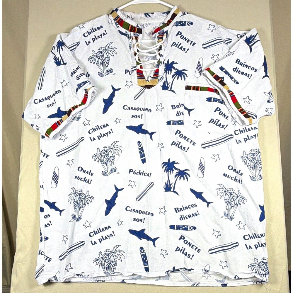 Mens XXL Mexican Baja Shirt White Surf Beach Lace Up Short Sleeve Guatemala